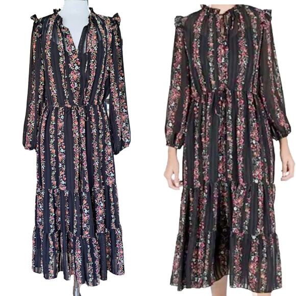 Julia Jordan Black Floral Blouson Striped Long Sleeve Chiffon Maxi Dress 10 - Picture 1 of 12